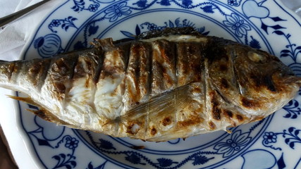 Gegrillter Fisch auf einem gemusterten Teller