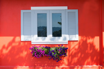 Red wall and white window with colorful flowers