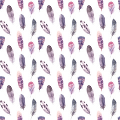 Seamless pattern. Hand drawn illustration - Background of Watercolor feathers. Aquarelle boho set. Isolated on white background. Perfect for invitations, greeting cards, posters, prints
