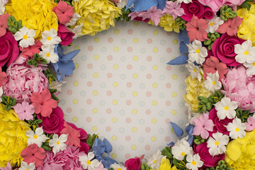 white background with colorful peas with pink, white, purple flowers in a circle. Postcard for the holiday (Mother's Day Easter birthday congratulations Valentine's Day) Place for writing letters