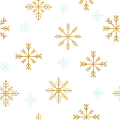 Gold snowflakes seamless pattern. Vector illustration.