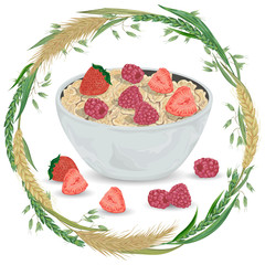 Cereal porridge in bowl with raspberry, strawberry and wreath with cereals. Barley, wheat, rye and oat. Healthy breakfast. Isolated elements. Hand drawn vector illustration