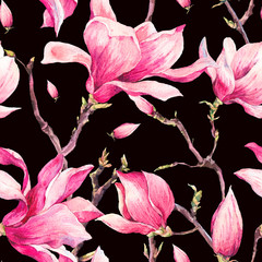 Watercolor Floral Spring Seamless Pattern with Magnolia