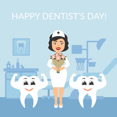 Festive illustration. Greeting card. International day of the dentist. Dentist doctor with a bouquet of flowers. Two healthy beautiful white teeth. Vector. The cute characters.
