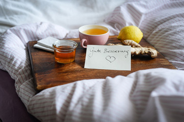 Erkältungskrankheiten mit alternativen Hausmitteln wie Tee, Honig und Ingwer auskurieren