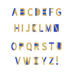 Alphabet blue gold alphabet. Vector illustration.