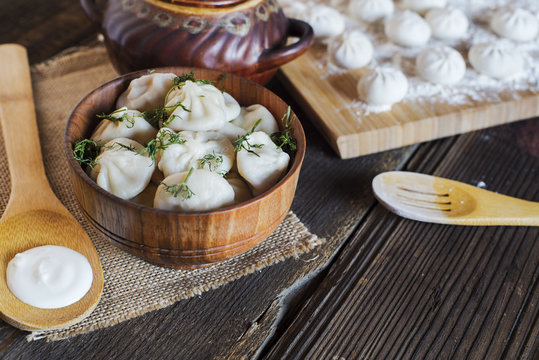 dumplings in wooden bowl
