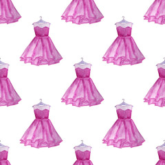 Watercolor fashion seamless pattern. Pink dress background.