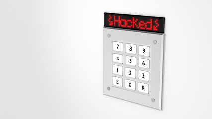 Silver keypad with led display showing hacked