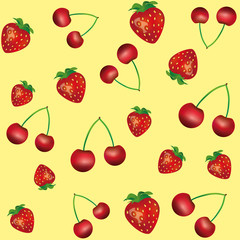 Pattern with cherry and strawberry on yellow background