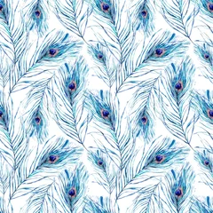 Wallpaper murals Peacock Watercolor seamless pattern with peacock feathers