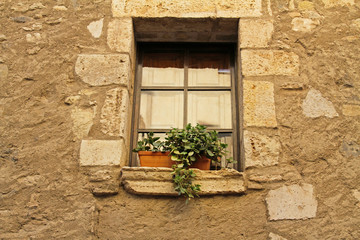 Fototapeta na wymiar Window with a pot of flowers in a spanish village Besalu