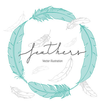 Modern cover template with hand drawn feathers on white background in cute cartoon style. Vector Feather Logo illustration. Trendy header layout. Circle frame