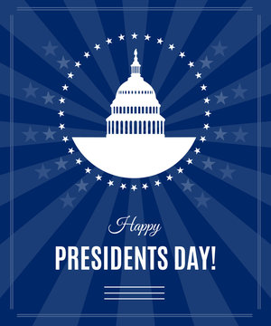 Presidents Day Greeting Banner With Washington DC White House And Capitol Building Arounded Stars Isolated On Dark Rays Background. USA Landmark. Vector Illustration