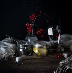 rustic still life. branch viburnum, tea in a big circle and jars on a wooden table. black background