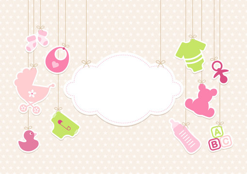 Card Baby Girl Symbols Hanging Cloud Stars Beige