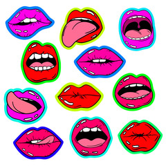 Set Of Female Lips Stickers In Pop Comic Style.