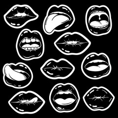 Black And White Set Of Female Lips Stickers In Pop Comic Style.