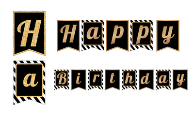 Happy Birthday party banners. Black, white and gold glitter design elements. Flags with stripes pattern 