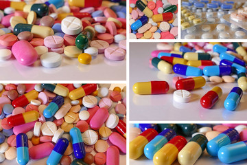 Lots of different medicine drugs, pills, tablets, capsules in collage