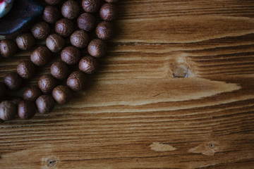 Rudraksha japa mala. Rosary made from rudraksha seeds.