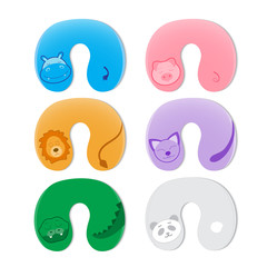 Set of kids nice pillows to sleep with sewn muzzles and tails of animals: hippo, crocodile, lion, panda, cat, pig. Soft cushion for bedtime on World Sleep Day. Vector illustration.