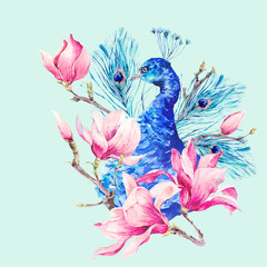 Watercolor Peacock with Flowers Magnolia