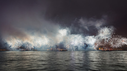Fireworks show along Victoria harbor in Hong Kong, China.