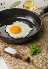 Morning in the kitchen. Cooking breakfast. Fried egg.