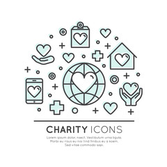 Vector Icon Style Illustration Set of Graphic Elements for Nonprofit Organizations and Donation Centre. Fundraising Symbols, Crowdfunding Project Label, Charity Logo