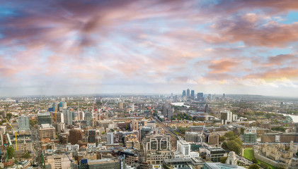 Fototapeta na wymiar Sunset aerial panoramic view of London skyline, eastern side