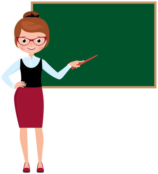 Woman teacher in full length standing at the school blackboard a