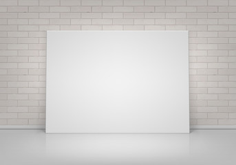 Vector Empty Blank White Mock Up Poster Picture Frame Standing on Floor with Brick Wall Front View