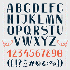 Hand drawn font, latin symbols, numbers and punctuation marks. Lettering vector illustration. Brush drawn, grunge style font with a uppercase letters.