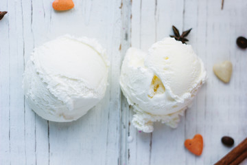 Two balls of ice cream on white board.
