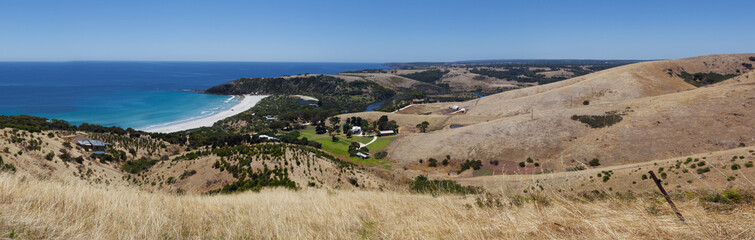 Fototapeta premium Snelling beach and hills panorama. Kangaroo Island, Australia.