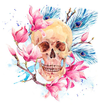 Watercolor human skull and pink flowers Magnolia