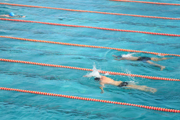 Naklejka premium Healthy young men swimming in а mineral water pool. Male swimmers swimming the front crawl and breaststroke in a pool. Active hobby and leisure.