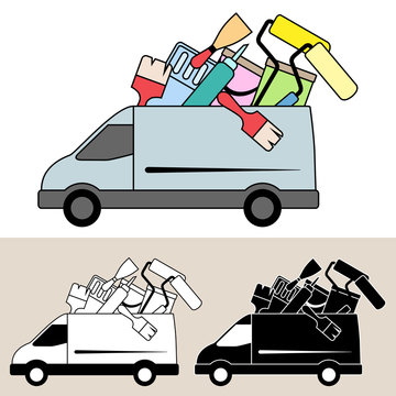 Van delivering mobile service with painting and decorating tools and equipment, paint, brushes, scraper and rollers. Isolated, flat, side view illustration, and black and white versions