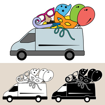 Van delivering party goods and services with balloons, mask party blower and party hat. Isolated, flat, side view illustration, and black and white versions