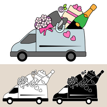 Van delivering wedding supplies and services with wedding cake, bouquet, top hat, lucky horseshoe and champagne. Isolated, flat, side view illustration, and black and white versions