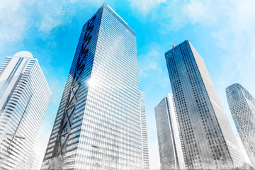 Fototapeta na wymiar Asia business concept - Looking up view in financial district, the silhouettes of skyscrapers city reflect blue sky, sun lights in Tokyo, Japan. Mix hand drawn sketch illustration