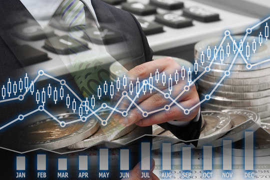 Double Exposure Businessman putting euro banknotes in suit pocke