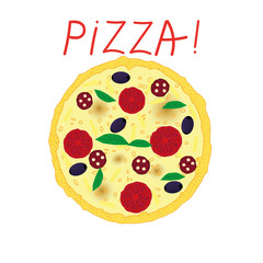 Pizza with tomatoes, olives, salami and basil on white background