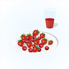 Plate of cherry and strawberry with glass of juice, vine, plate of fruits on light background