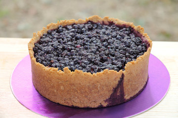 delicious juicy blueberry pie on purple pedestal