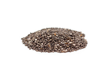 Heap of chia seeds isolated on white background, side view