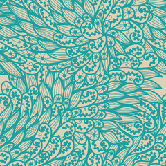 Seamless floral monochrome blue and beige doodle pattern