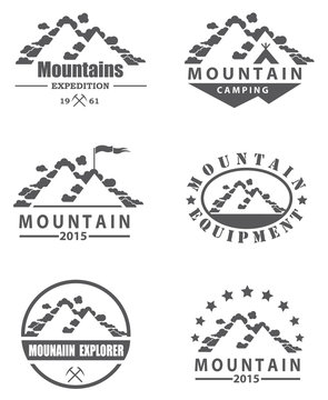 monochrome collection of various mountain icons with clouds