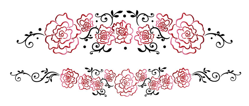 Ranke mit filigranen roten Rosen und Blättern, Vektor Set.